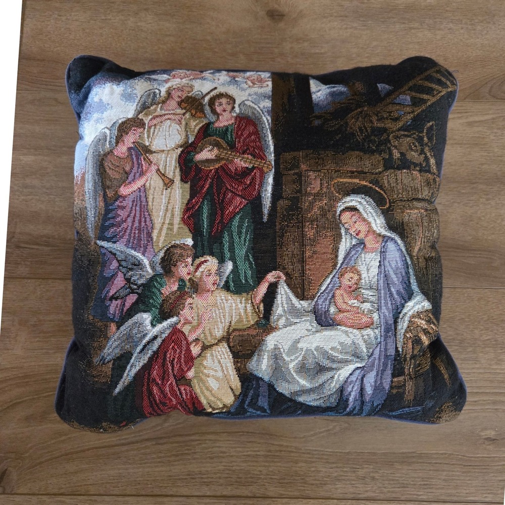Religious Nativity Scene Angels Mary Baby‎ Jesus Tapestry Throw Pillow